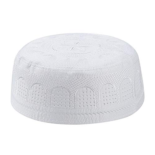 RUIXIA Men Boys Muslim Prayer Kufi Hat Skull Cap Embroidery Islam Kufi Headware takke Praying Beanie Hat Kofia Topi Hat - color: White-adult