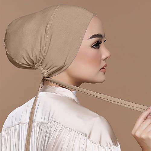Chiffon Hijab with Undercap Fashion Solid Color Chiffon Head Wraps Under Scarf Caps Muslim Fashion Bandage - color: Khaki