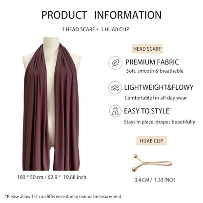 Jersey Hijab Scarf for Women,Lightweight Muslim Turban Head Scarf Modal Feel Hijab Coverings for Prayer with Clip - color: Coffee