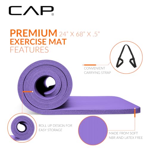 CAP Barbell 1/2-Inch High Density Exercise Yoga Mat with Strap | Multiple Options - color: Purple, style: Yoga Mat