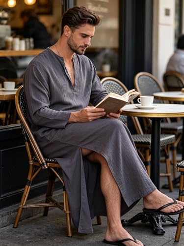 Jacansi Men's 65% Cotton 35% Linen Kaftan Thobe, Long Sleeve Casual Arabic Robe, Loose Long Gown with Pockets - color: Purple-gray #1, size: Large