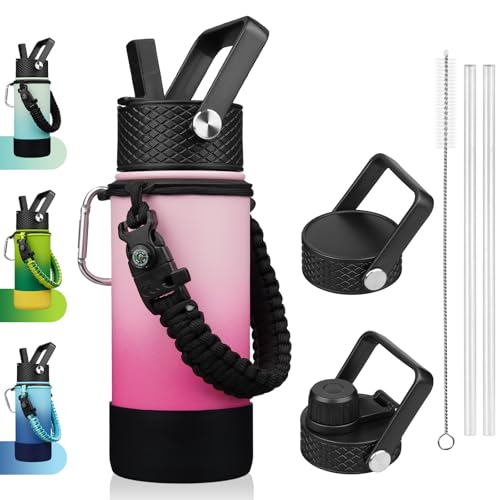 BJPKPK 18oz Insulated Water Bottle with 3 Lids, Straw Lid & Handle - color: Cherry, size: 18 Ounces