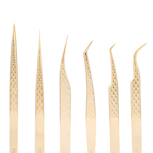 FEITA Eyelash Extension Tweezer Set Gold Lash Applicator Tool - Precision Lashes Diamond Grip Tweezers for 2D-6D Volume & Individual Eyelashes Extensions Supplies (6Pcs) - color: Gold Diamond-grip 6pcs