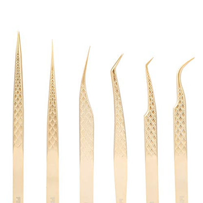 FEITA Eyelash Extension Tweezer Set Gold Lash Applicator Tool - Precision Lashes Diamond Grip Tweezers for 2D-6D Volume & Individual Eyelashes Extensions Supplies (6Pcs) - color: Gold Diamond-grip 6pcs