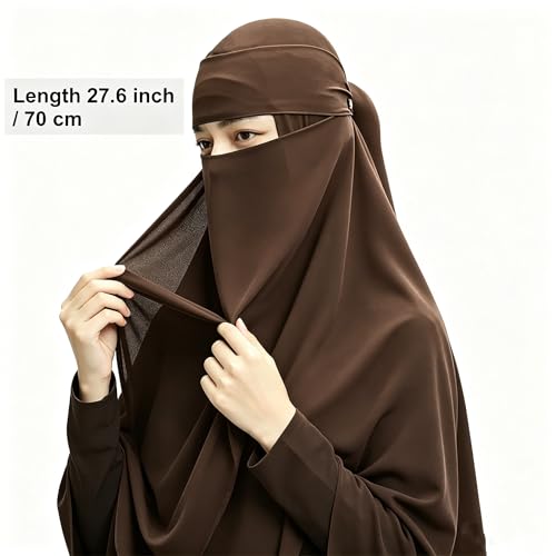 Single Layer Niqab, Soft Chiffon Muslim Veil Face Cover, One Layer Nose Piece, Hijab Prayer Face Mask for Women Men - color: Brown_b