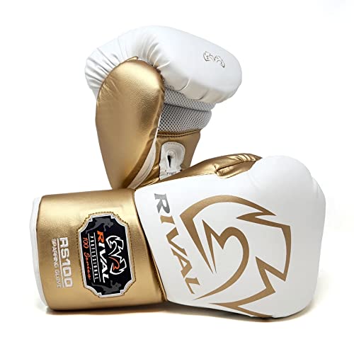 RIVAL Boxing RS100 Professional Lace-Up Sparring Gloves, Handcrafted with Super-Rich Microfiber PU, Ergonomically Designed to Perfectly Fit Your Hand - color: White/Gold, size: 18 oz.
