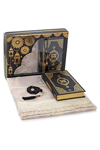 ihvan online Prayer Gift Box for Hajj and Umrah, Quran with English Translation, Muslim Prayer Rug, Islamic Mat, Holy Quran,99 Pearly Beads Tesbih, Islamic Deluxe Set for Ramadan & Eid Gift - color: Black / Set 1