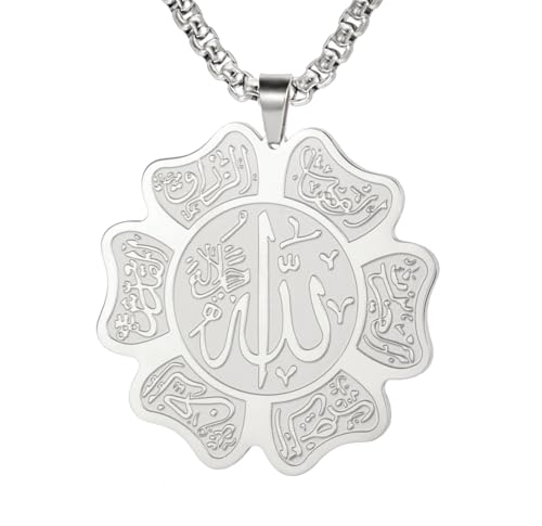 UNIFT Islamic Allah Necklace for Women Men Stainless Steel Muslim Allah Arabic Petal Shape Pendant Necklace Islam Religious Jewelry Eid Ramadan Gifts - color: silver