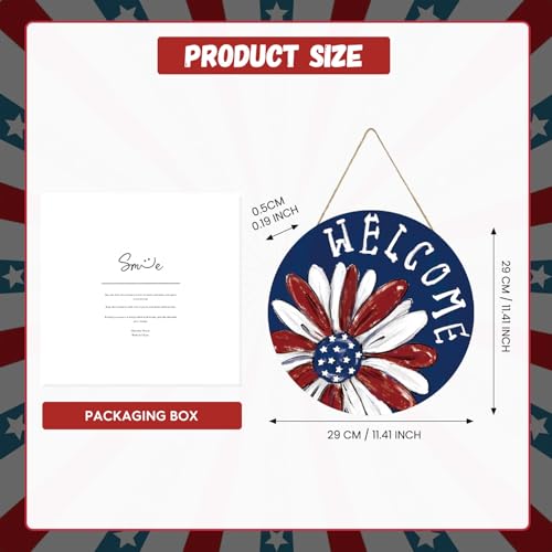 Smile Patriotic Flower Welcome Wooden Round Door Hanger, American Flag Themed Front Door Sign for 4th of July & Memorial Day Decor - style: Patriotic Daisy