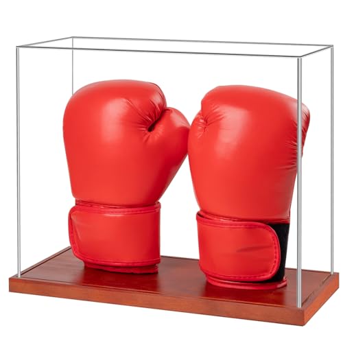Boxing Glove Display Case 2 Glove - No Assembly Acrylic Clear Showcase with Wood Base - 2 Glove Holder - UV Protection Souvenirs and Collectibles Box