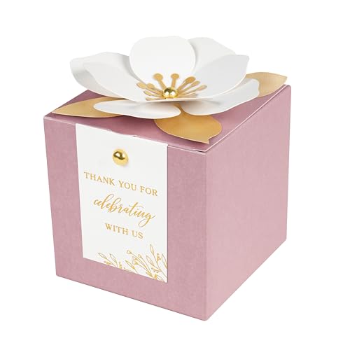 FEIYI 20 PCS Dusty Rose Gift Boxes, 3 In 1 Favor Boxes with Floral Decor, White Thank You Tags Cupcake Containers Gift wrapping for Wedding, Baby Shower, Birthday, Decorations Party - 3.55x3.55x3.55 - color: Dusty Rose, size: Large-(3.55")