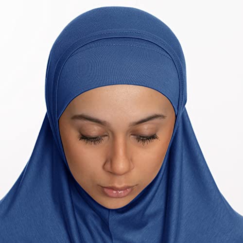 TheHijabStore.com Women's 2 Piece Amira Jersey Hijab - Soft Modal Stretch Head Scarf with Tube Under Scarf Cap - color: Denim Blue