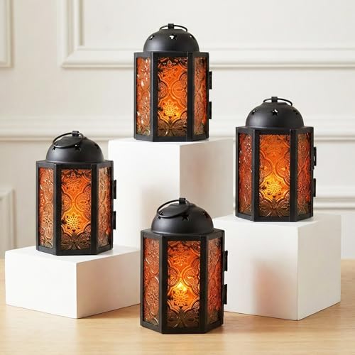 Mini Halloween Tea Light Candle Holder Centerpieces – 4.25" Small Decorative Moroccan Lantern for Table or Hanging, Metal with Glass Panels – Ramadan, Wedding, Home Decor, Amber Orange (Set of 4) - color: Amber Orange