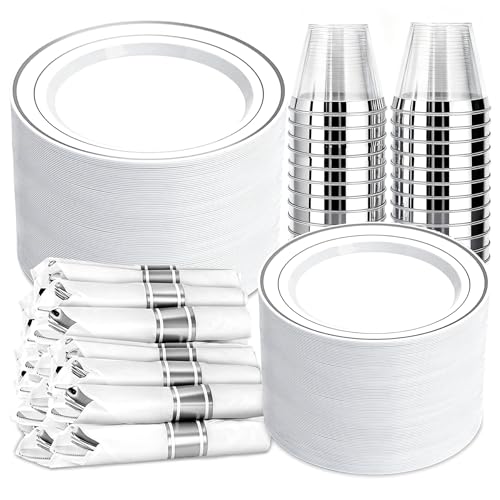 350 PCS White and Silver Plastic Dinnerware Set for 50 Guests - color: Silver, size: 350 PCS
