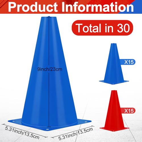 30 Pieces 9 Inch Traffic Cones Plastic Sport Agility Training Safety Cones Soccer Practice Equipment for Basketball Football Drills Exercise, Outdoor Activity and Events - color: Red,Blue