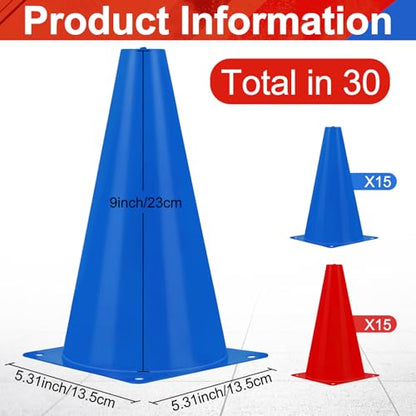 30 Pieces 9 Inch Traffic Cones Plastic Sport Agility Training Safety Cones Soccer Practice Equipment for Basketball Football Drills Exercise, Outdoor Activity and Events - color: Red,Blue