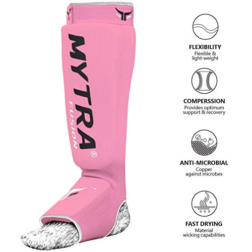 Mytra Fusion Shin Pads Instep Protector Kick Boxing Muay Thai Training Elasticated shin Guards - color: Pink, size: Small-Medium