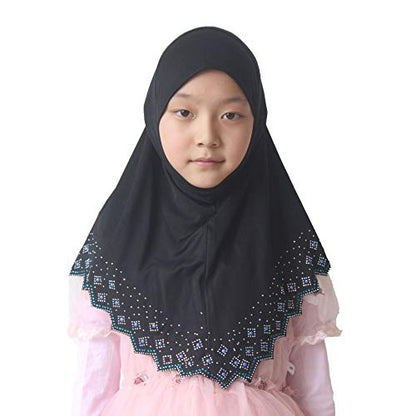 Girls Hijab with Rhinestones – Sparkly Non-Slip Amira Scarf for Kids, for Daily Prayer, School, Ramadan & Eid (Ages 4-12) - color: Black