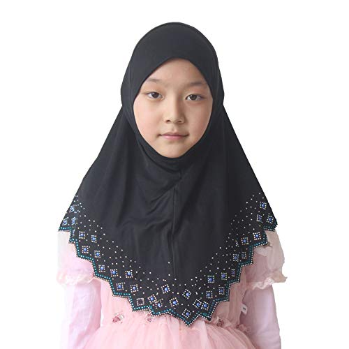 Girls Hijab with Rhinestones – Sparkly Non-Slip Amira Scarf for Kids, for Daily Prayer, School, Ramadan & Eid (Ages 4-12) - color: Black