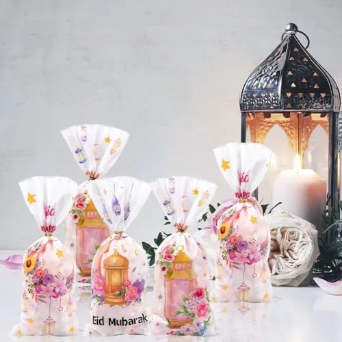 Sanfly Eid Mubarak Goodie Bags 50 Pcs Ramadan Gift Bags, Watercolor Moon Flower Print Eid Theme Plastic Candy Snack Pouch