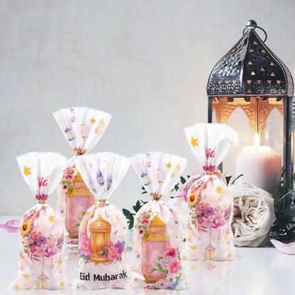 Sanfly Eid Mubarak Goodie Bags 50 Pcs Ramadan Gift Bags, Watercolor Moon Flower Print Eid Theme Plastic Candy Snack Pouch
