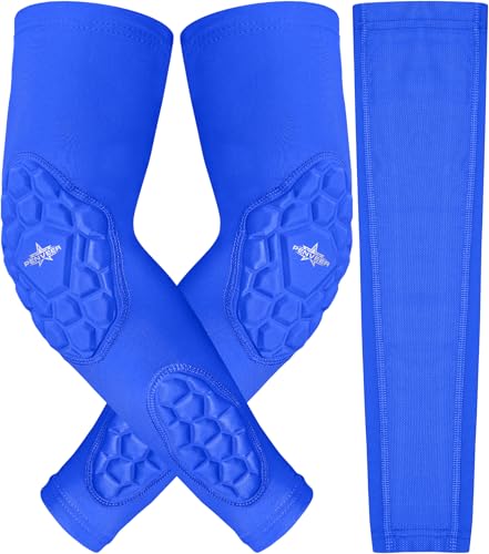 Compression Padded Arm Sleeves for Youth & Adults - Elbow & Forearm Support - Breathable Football Padded Sleeves - color: Royal Blue, size: Youth Small/Medium