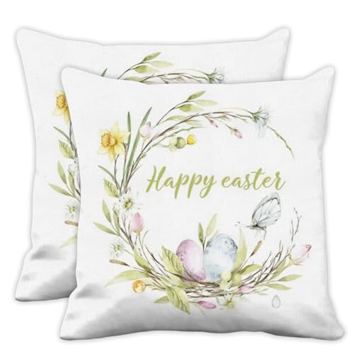 happy easter throw pillow covers 18x18 in spring easter pillow covers 18x18 set of 2 floral flower wreath garland butterfly fresh green pillows cover watercolor colorful eggs pillows cover decor - color: Easter Garland Wreath
