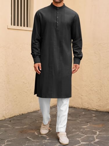 Runcati Mens Kaftan Robe Button Down Long Sleeve Cotton Linen Thobe Casual Muslim Gown Henley Shirt - color: Black, size: Medium