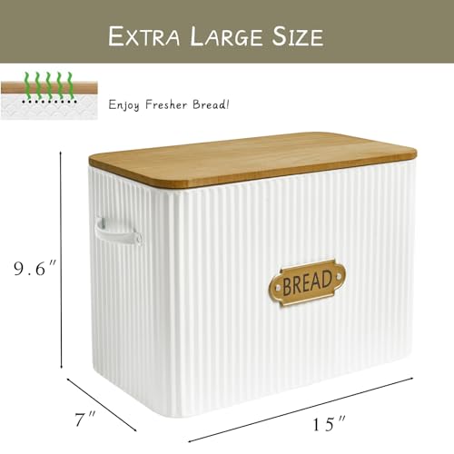 EMAX HOME Vertical Stripes Extra Large Space Saving Farmhouse Bread Box with Wood Lid - Holds 2 Loaves - White Vertical Breadbox Bread Storage Bin Holder for Kitchen Countertop - color: Vertical Grain Embossing