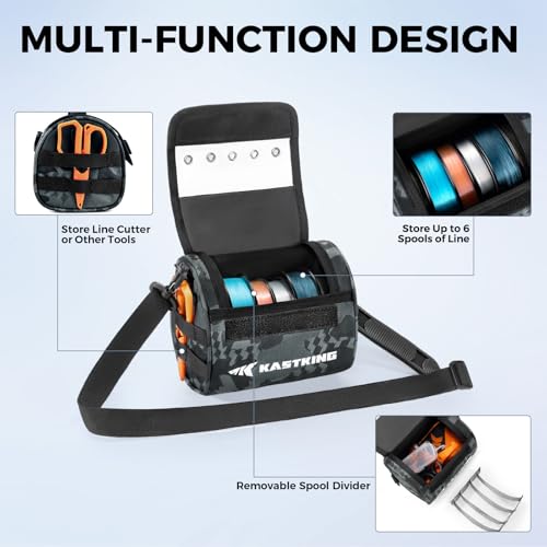 KastKing BaitSpace Line Bag Water Resistant Tackle Bag, Organize Spools | Fishing Line Storage Bag with Water Resistant Nylon, Removable Divider, BaitSpace Line Management Bag - color: A: Black Camo-Medium