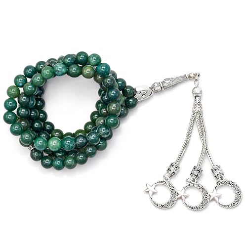 Amazing Gemstone Moss Agate Tasbeeh with Moon and Star Charm - Certified Crystal Muslim Prayer Beads Natural Gemstone Tasbih Gift for Ramadan Dhikr and Daily Namaz (S) - color: Moss Agate