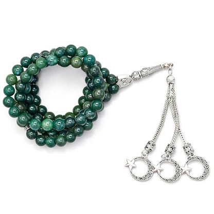 Amazing Gemstone Moss Agate Tasbeeh with Moon and Star Charm - Certified Crystal Muslim Prayer Beads Natural Gemstone Tasbih Gift for Ramadan Dhikr and Daily Namaz (S) - color: Moss Agate