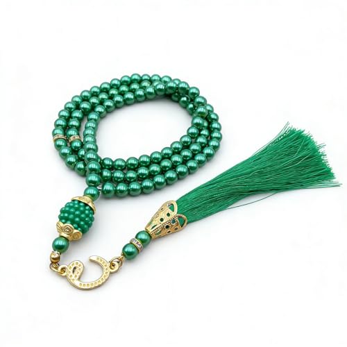 FHG Tasbih Muslim Prayer Praise Beads, 6mm 99 Beads Glass Imitation Pearl Rosary Bracelet with Tassel, Unisex Adult Meditation Jewelry (Green) - color: Green