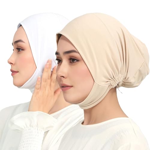Hijab Beanies Cap Undercaps Slouchy with Elasti Non-Slip Caps Under Scarf for Women - color: White + Light Khaki