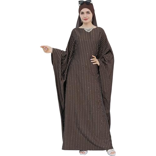 Muslim Abaya Dress 1Piece Bat Sleeve Kaftan Robe Women Islamic Maxi Dress Rhinestone Jilbab Eid Shiny Abaya(No scarf) - color: Brown I