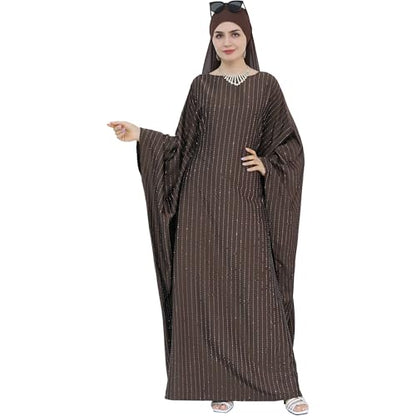 Muslim Abaya Dress 1Piece Bat Sleeve Kaftan Robe Women Islamic Maxi Dress Rhinestone Jilbab Eid Shiny Abaya(No scarf) - color: Brown I