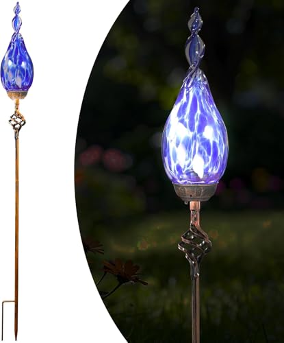 Solar Garden Lights, Solar Flame Lights Outdoor Decoration, Outdoor Garden Decor, Decorative Led Flame Glass Stakes Decorative for Pathway, Lawn, Patio, Driveway - color: Dark Blue