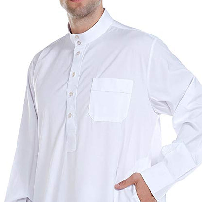 Men Arabic Long Sleeve Pure Color Thobe Crew Stand Collar Kaftan Robe with Button - color: White, size: Small