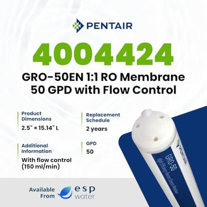 Pentair GRO-50EN RO Membrane Replacement Filter, 50 GPD | 1:1 RO Membrane Replacement Filter 50 GPD High Efficiency w/ Flow Control, Check Valve, Quick Connect Fittings 4004424 - size: 50 GPD w/ Flow Control