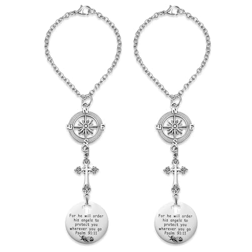 2 Pack Cross Car Charms for Women Men, Guardian Angel Rear View Mirror Decor, Psalm 91:11, Bible Verse, Christian Faith Based Car Accessory, Religious Gift