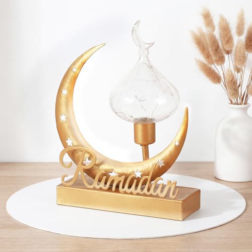 VIHOSE Ramadan Light Decoration for Home Eid Mubarak Moon Star LED Table Lamp Decorative Moon Star Patterned Hollow Out Boho Lamp for Muslim Party Bedrooms Nightstand