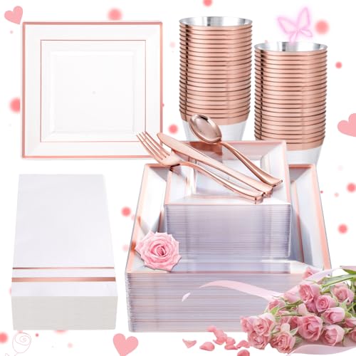 Festiva 350Pcs Rose Gold Plastic Plates - Clear Rose Gold Disposable Dinnerware Sets for 50Guests include 100 Plates 50 Cups 50Plastic Cutlery 50Napkins for Fall Party&Wedding& Bridal Shower - color: Square Clear Rose Gold, size: 50 Guests