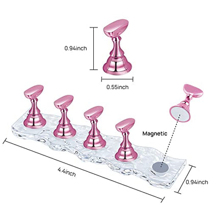 4 Set Nail Holder Stand - Display Fake Wave Shape Acrylic Nails, Magnetic Holder & Practice Station - color: 4Wave Pink