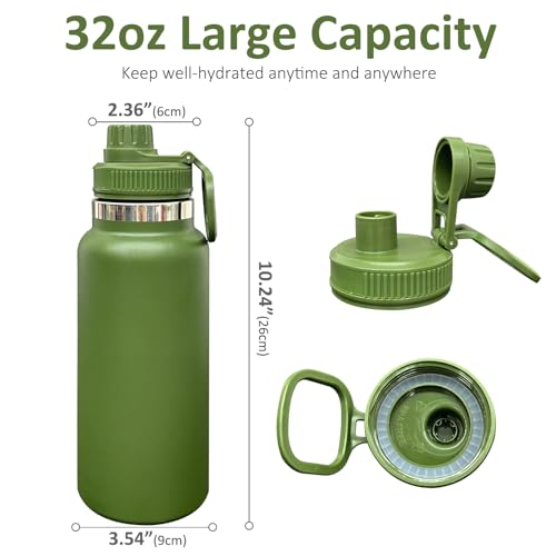 32 oz Insulated Water Bottle with Spout Lid - Double Wall Vacuum Sports Water Bottle - Powder Coated Cup for Gym Camping Hiking(Army Green,1 pack) - color: Army Green