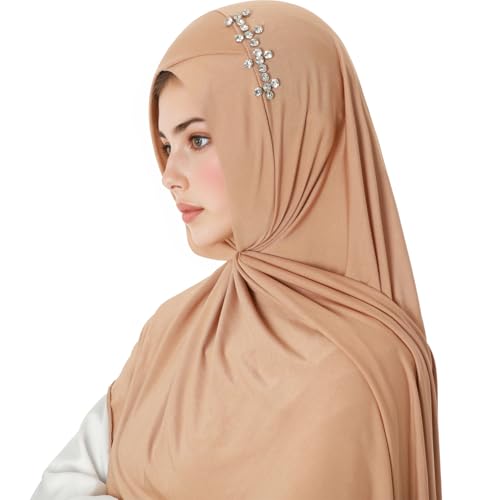 khalat Instant Hijab 여성용 무슬림 샤이니 라인스톤 데일리 스카프 부드럽고 신축성 있는 단색 이슬람 기도 히잡 - color: 카키