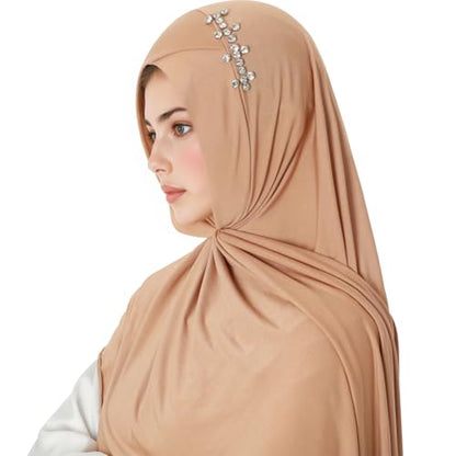 khalat Instant Hijab 여성용 무슬림 샤이니 라인스톤 데일리 스카프 부드럽고 신축성 있는 단색 이슬람 기도 히잡 - color: 카키