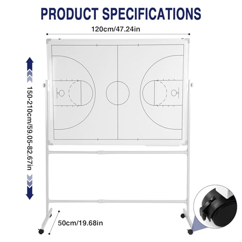 Generic Mobile Double-Sided Basketball Coaching Board Height Adjustable Whiteboard with Wheels Dry Erase Board with Magnets Pen & Eraser for Coaches - color: Basketball