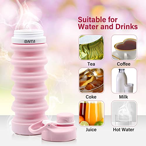 ONTA Collapsible BPA Free Silicone Water Bottle, 20oz - Portable, Leakproof, Easy Clean, Shatter Resistant, Travel Friendly - color: Pink, size: 18.6 Ounces