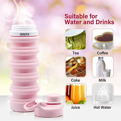 ONTA Collapsible BPA Free Silicone Water Bottle, 20oz - Portable, Leakproof, Easy Clean, Shatter Resistant, Travel Friendly - color: Pink, size: 18.6 Ounces