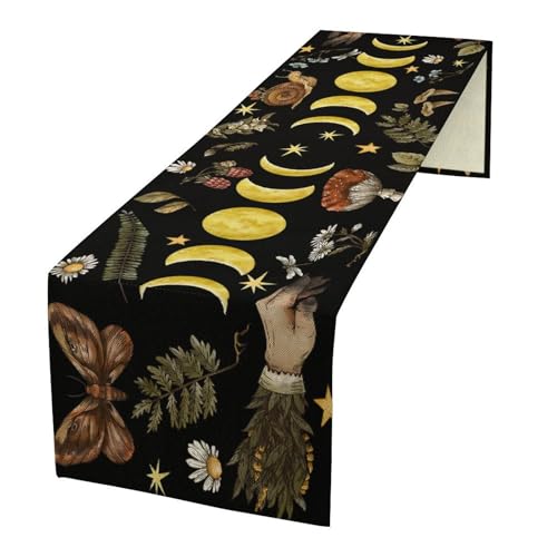 Moon Phase Table Runner, Gothic Moonlit Wildflower Mushroom Mysterious Plant Print Kitchen Dinning Table Runners for Indoor Outdoor Home Wedding Party Holiday Decor, 13x36 Inch - color: Moon Phase-6, size: 13"W x 36"L